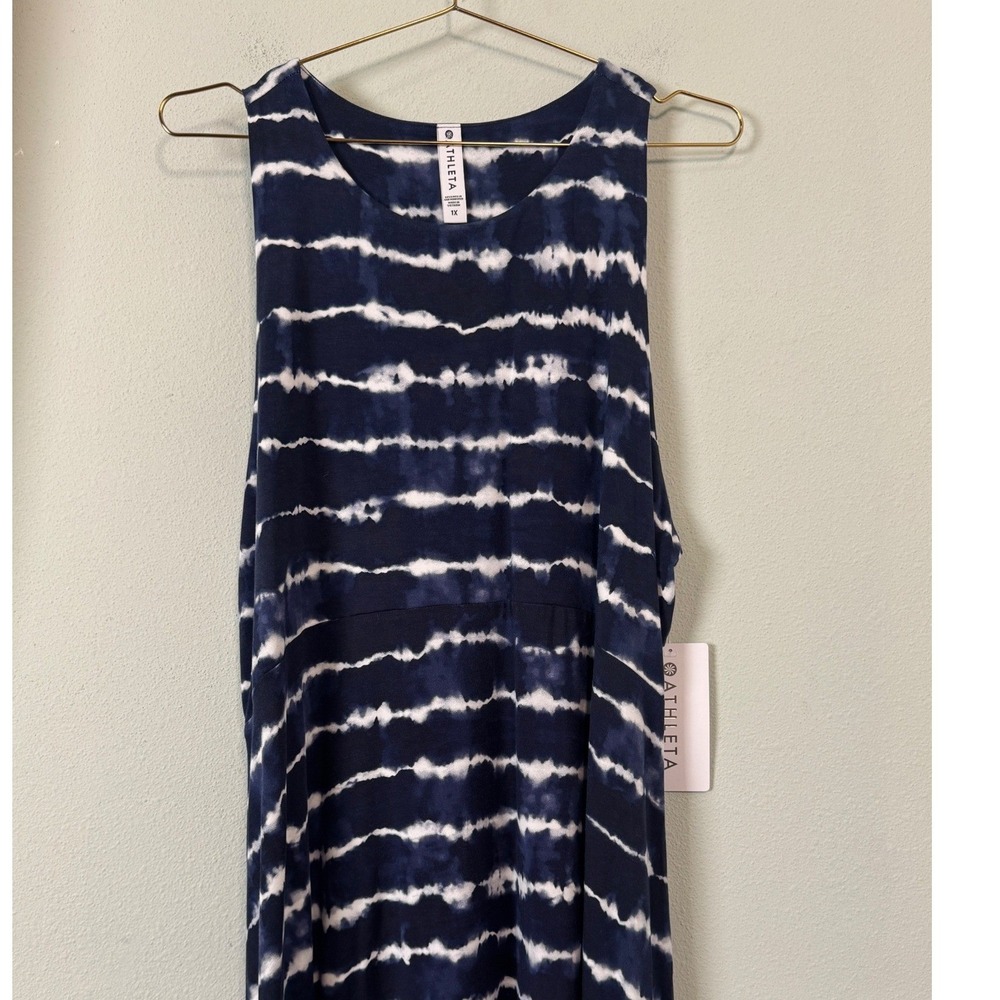 Athleta Santorini Thera Print Dress Blue Navy Tie Dye Stripe UPF 1X NEW Beach - Picture 3 of 11